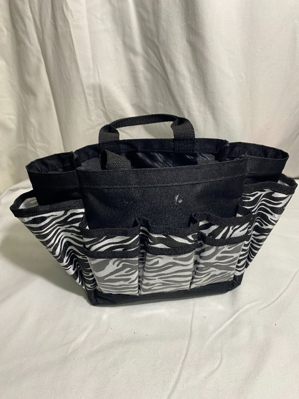 Zebra Print Utility Caddy Organizer Tote Bag Black White Multi Pocket Storage